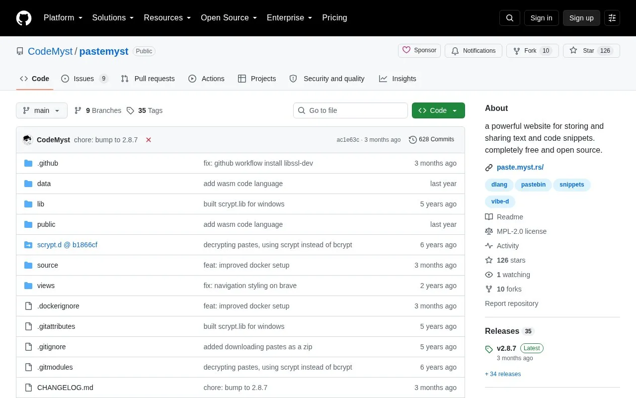 Pastemyst homepage screenshot