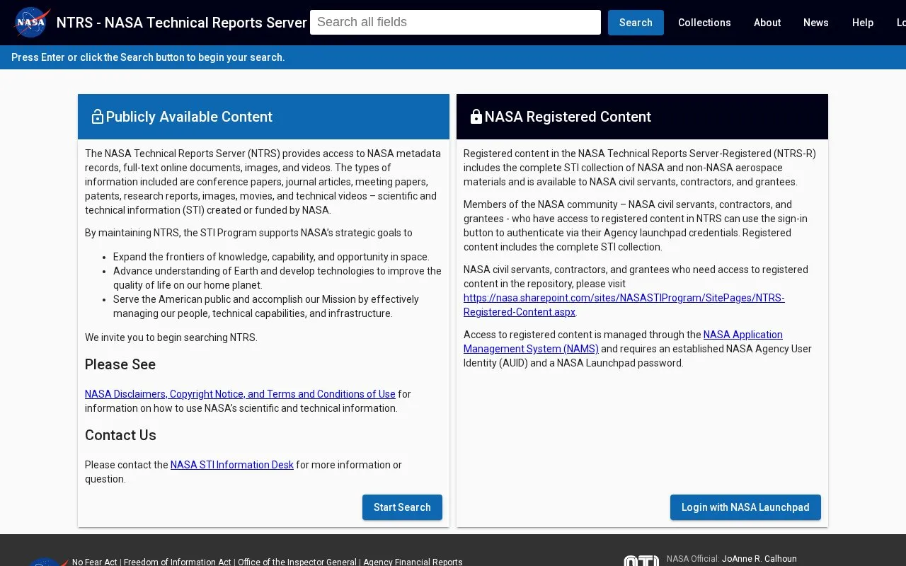 NASA Technical Reports Server homepage screenshot