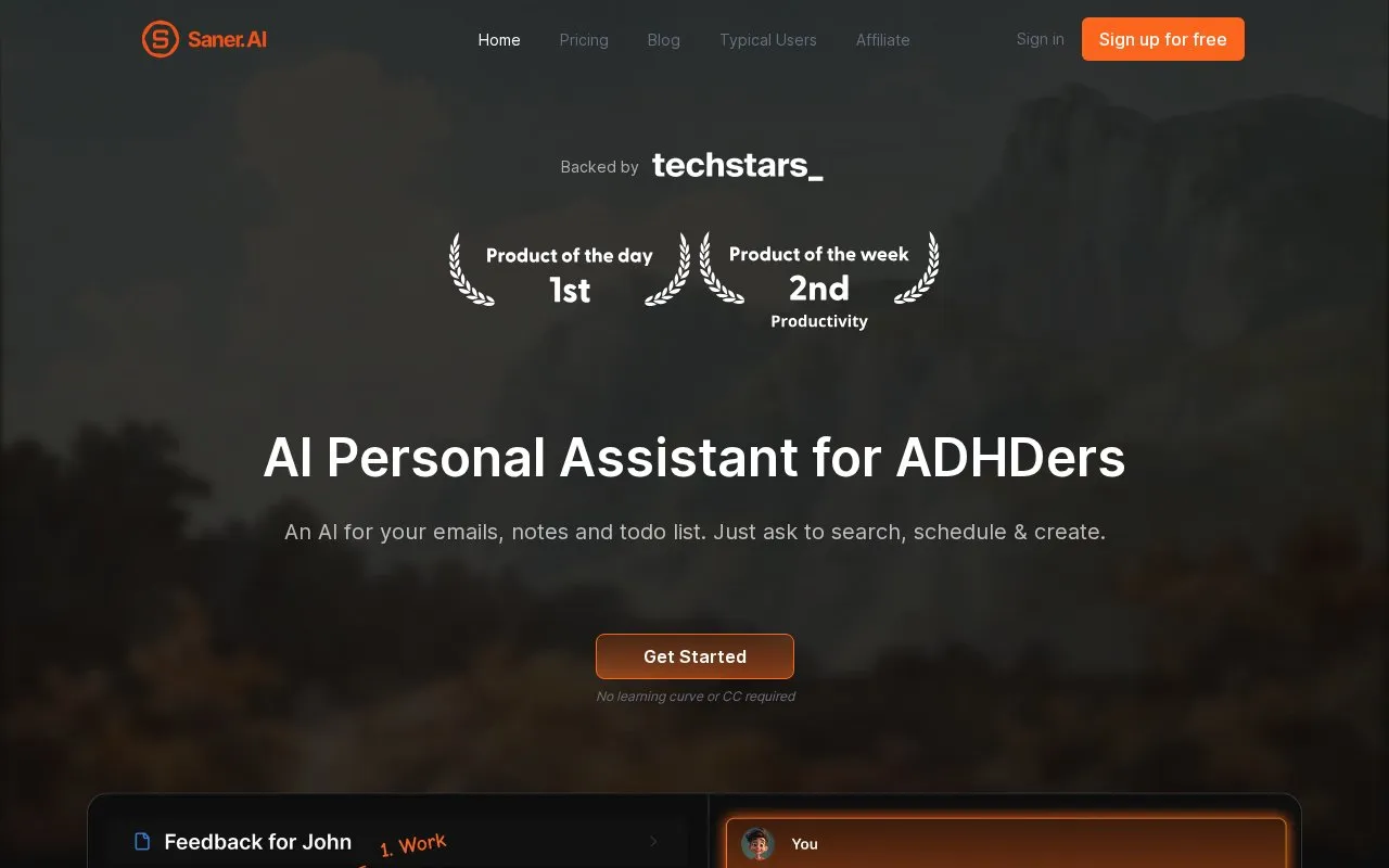 Saner.AI homepage screenshot