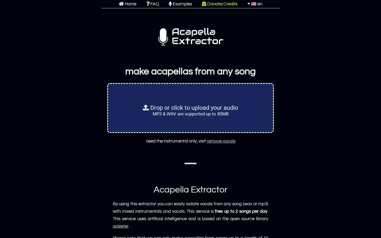 Acapella Extractor homepage screenshot