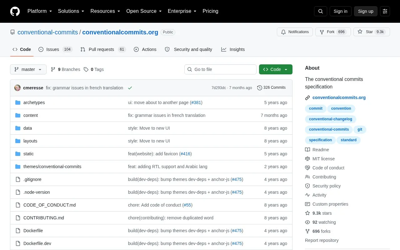 Conventionalcommits.org homepage screenshot