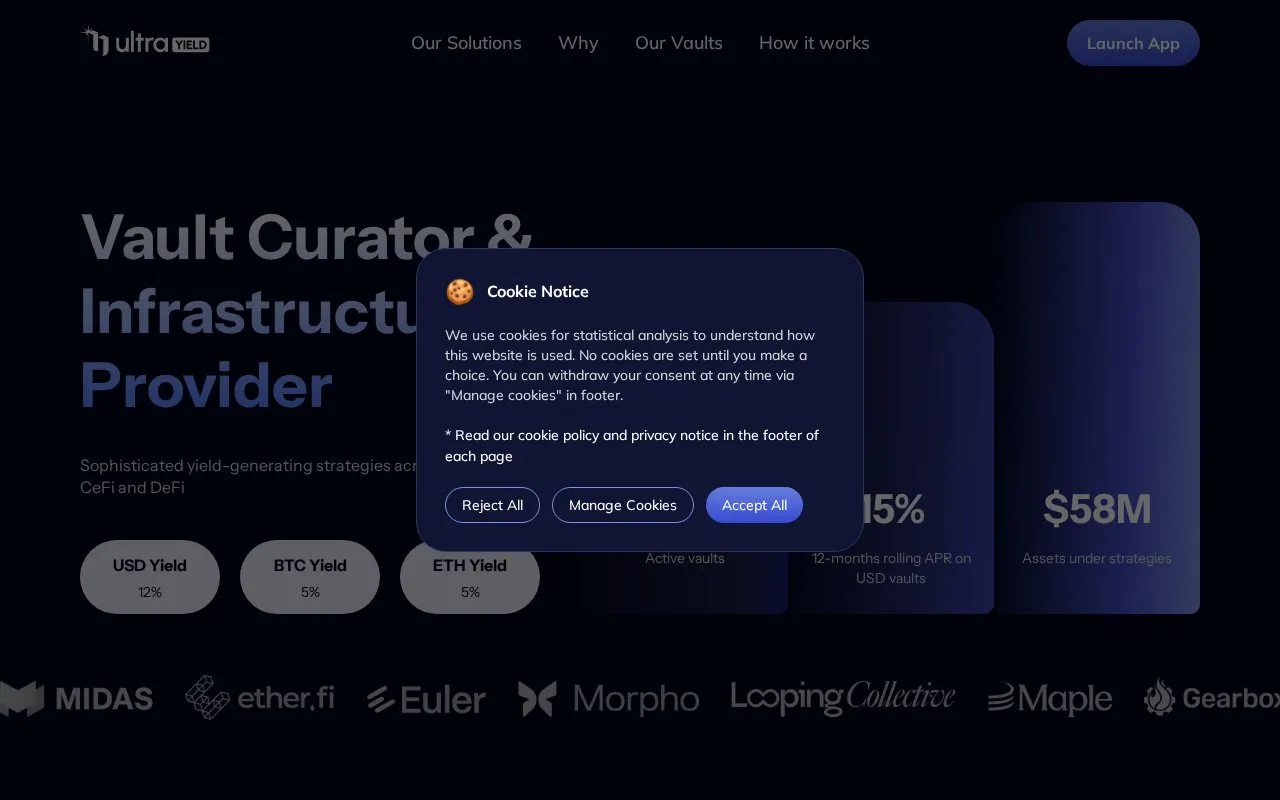 UltraYield Vaults homepage screenshot