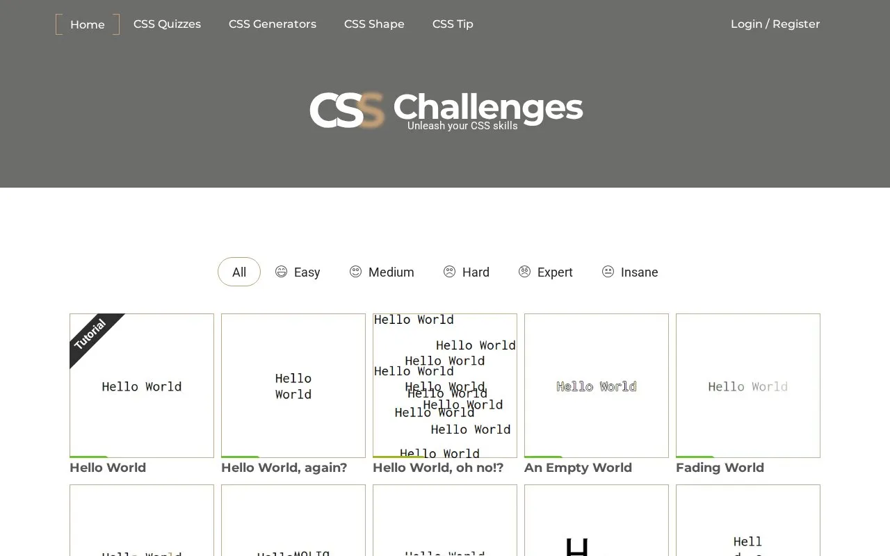 CSS Challenges homepage screenshot