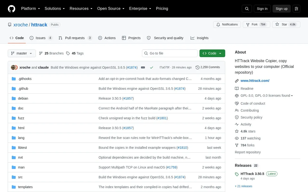 Httrack homepage screenshot