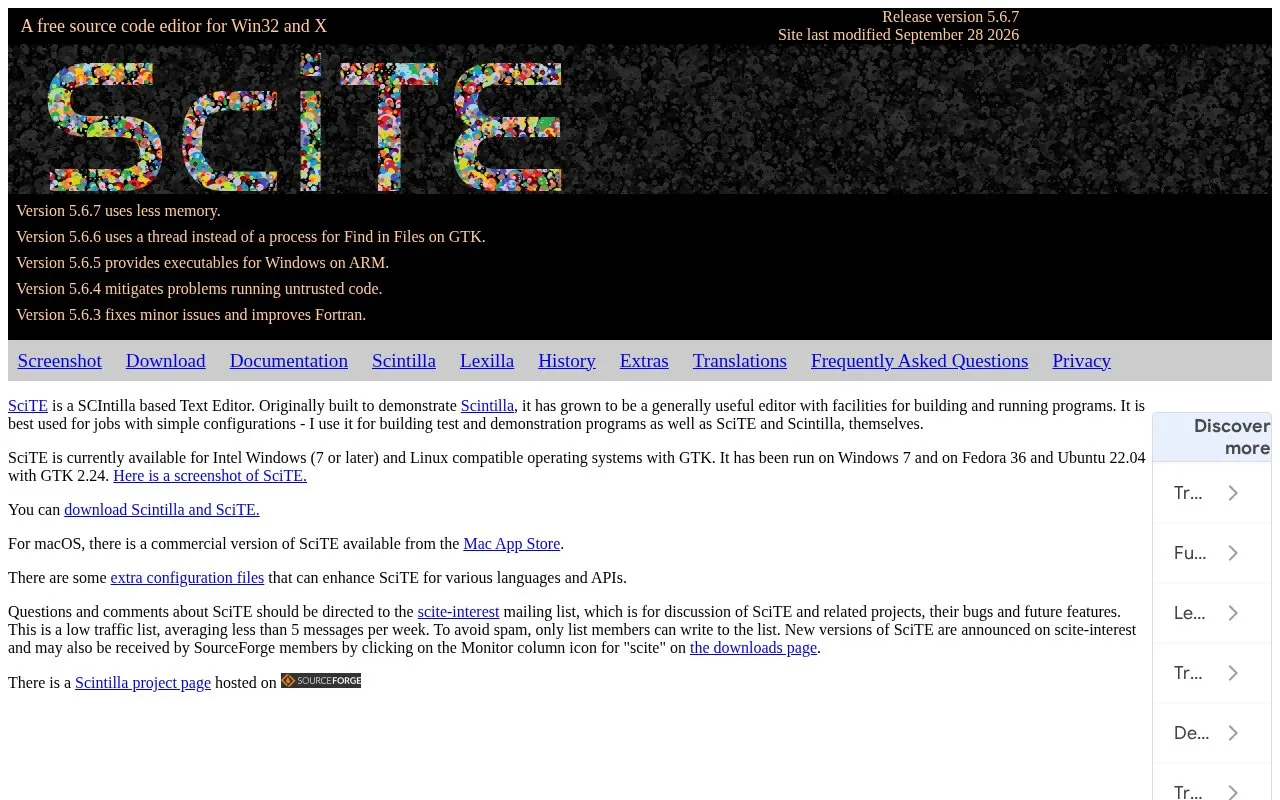 SciTE homepage screenshot