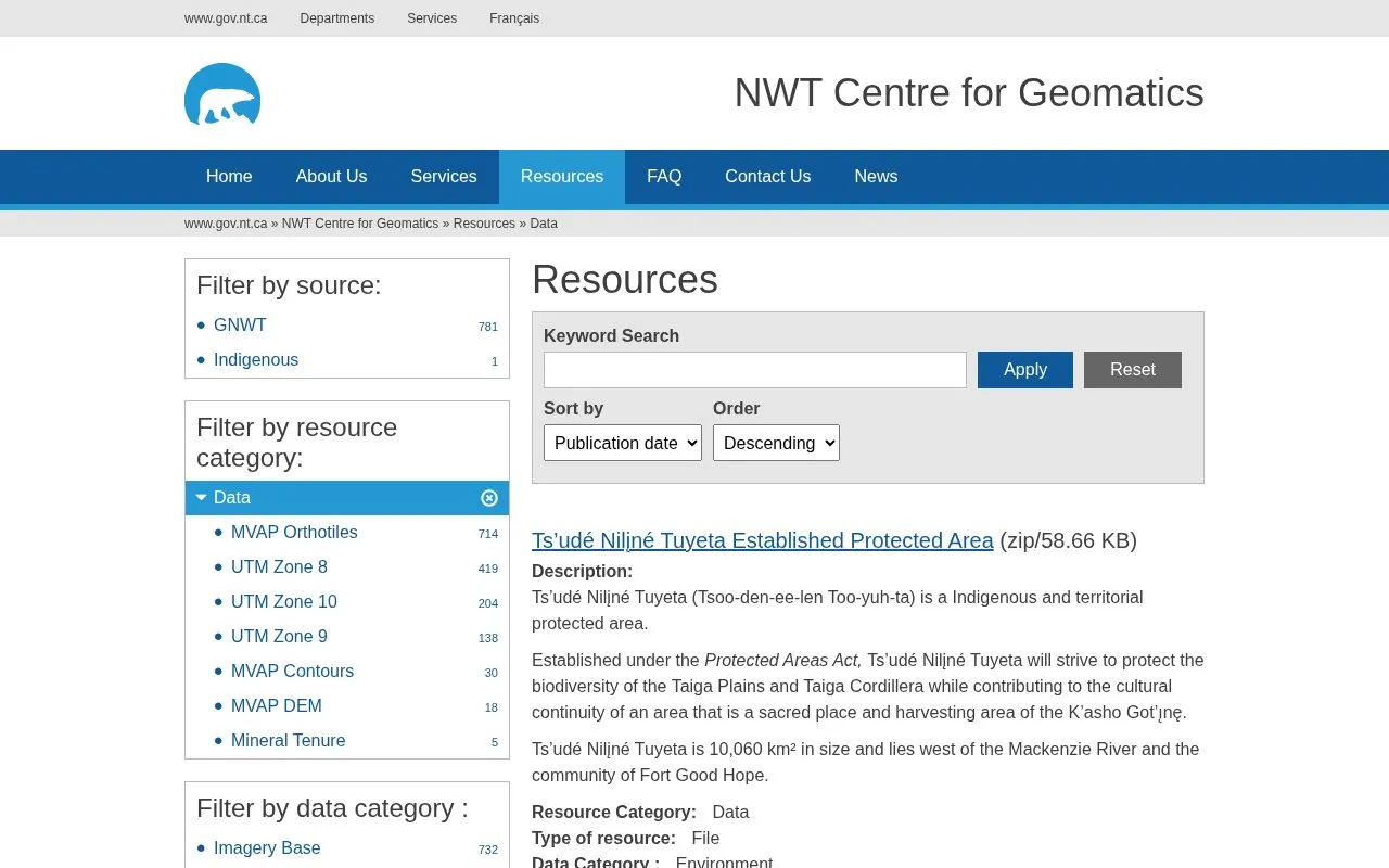 NWT Centre for Geomatics homepage screenshot