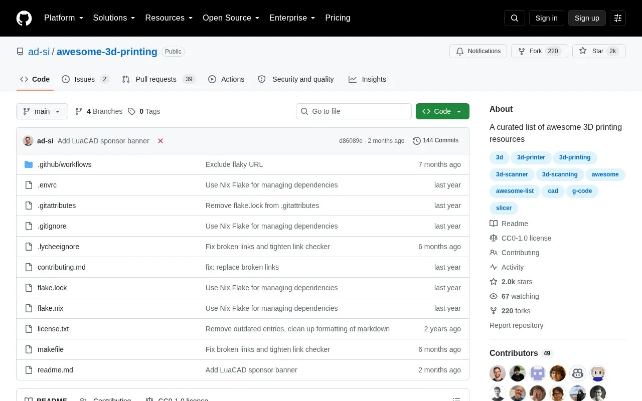 Awesome 3D Printing homepage screenshot