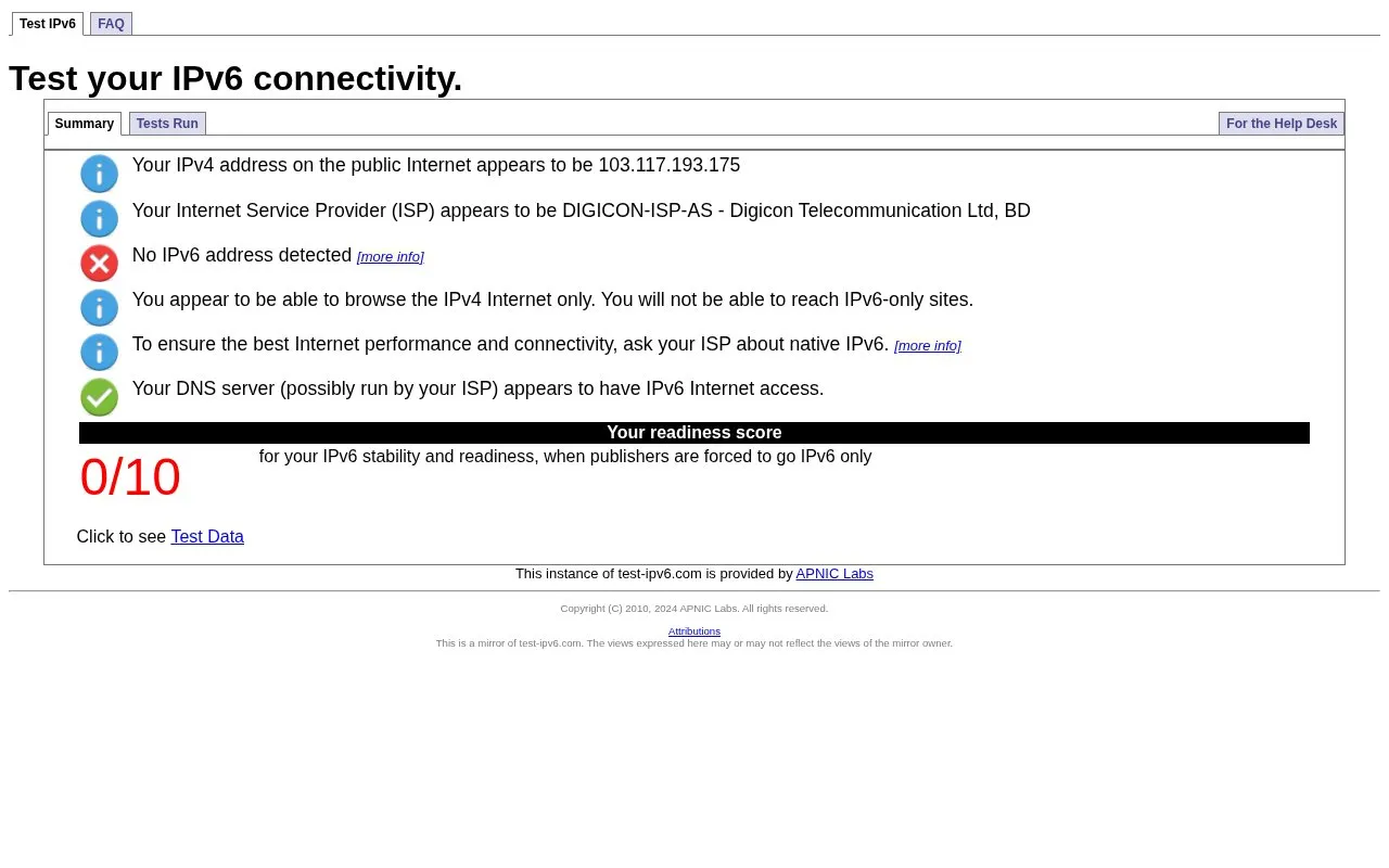 Test-IPv6 homepage screenshot