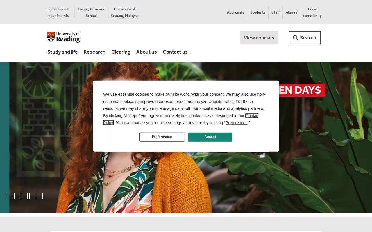 The University of Reading homepage screenshot