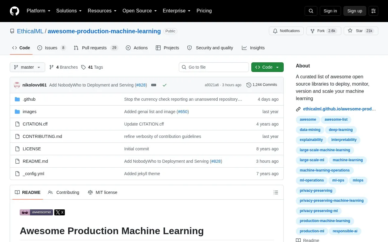 Awesome Production Machine Learning homepage screenshot