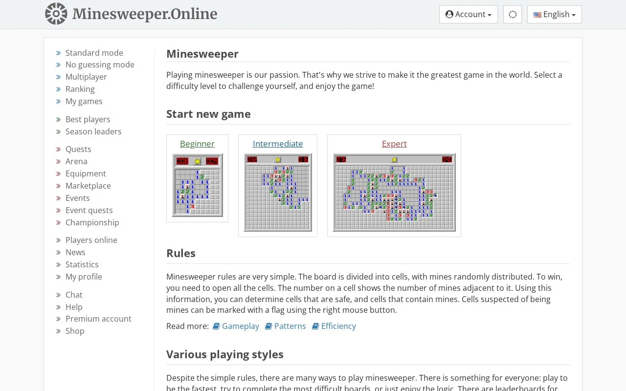 Minesweeper Online homepage screenshot