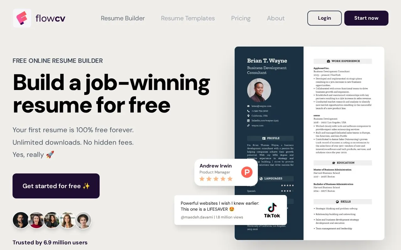 FlowCV homepage screenshot