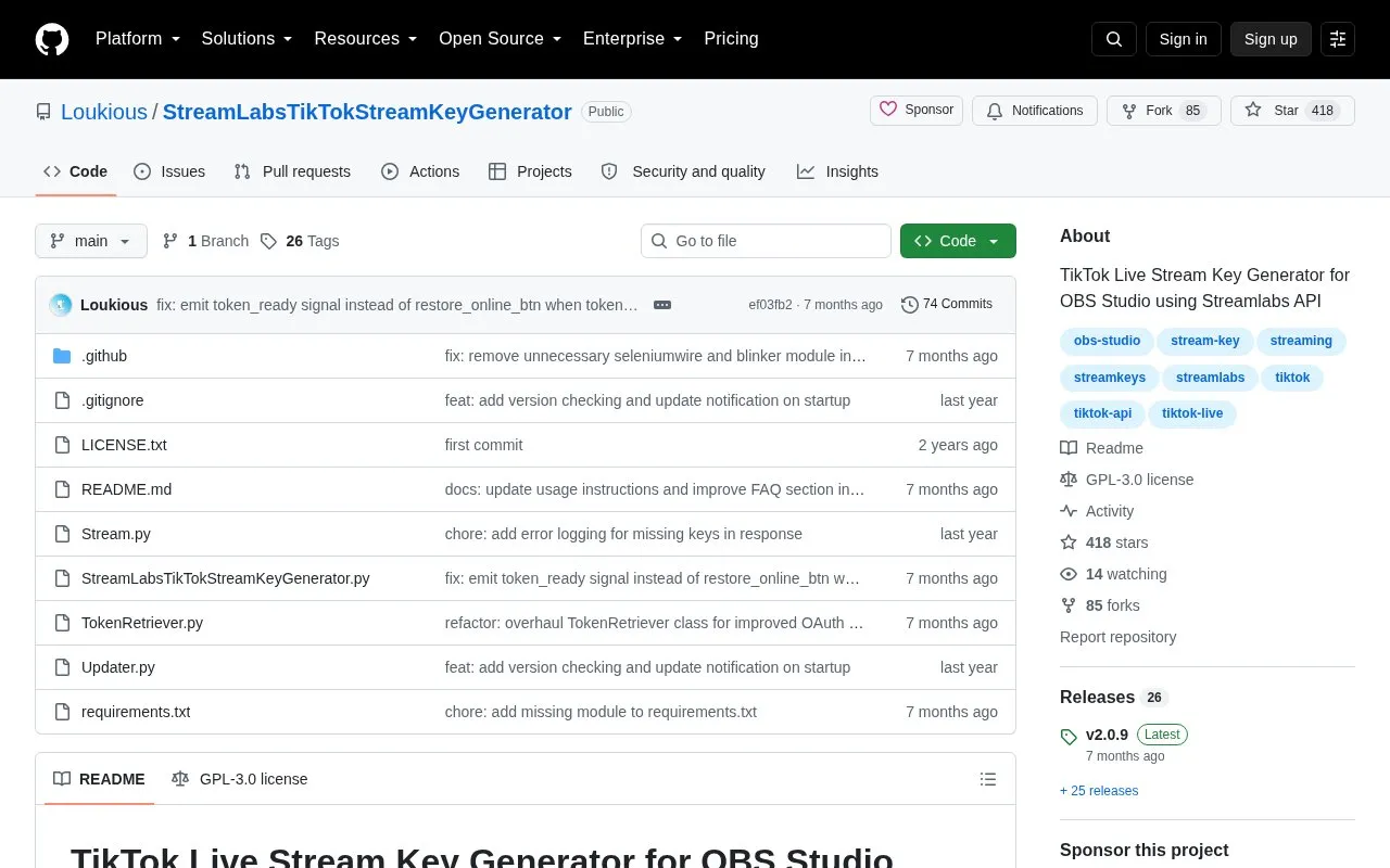 StreamLabsTikTokStreamKeyGenerator homepage screenshot