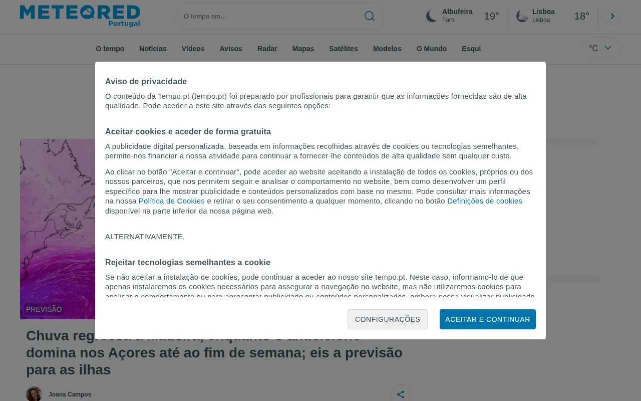Meteored Portugal homepage screenshot