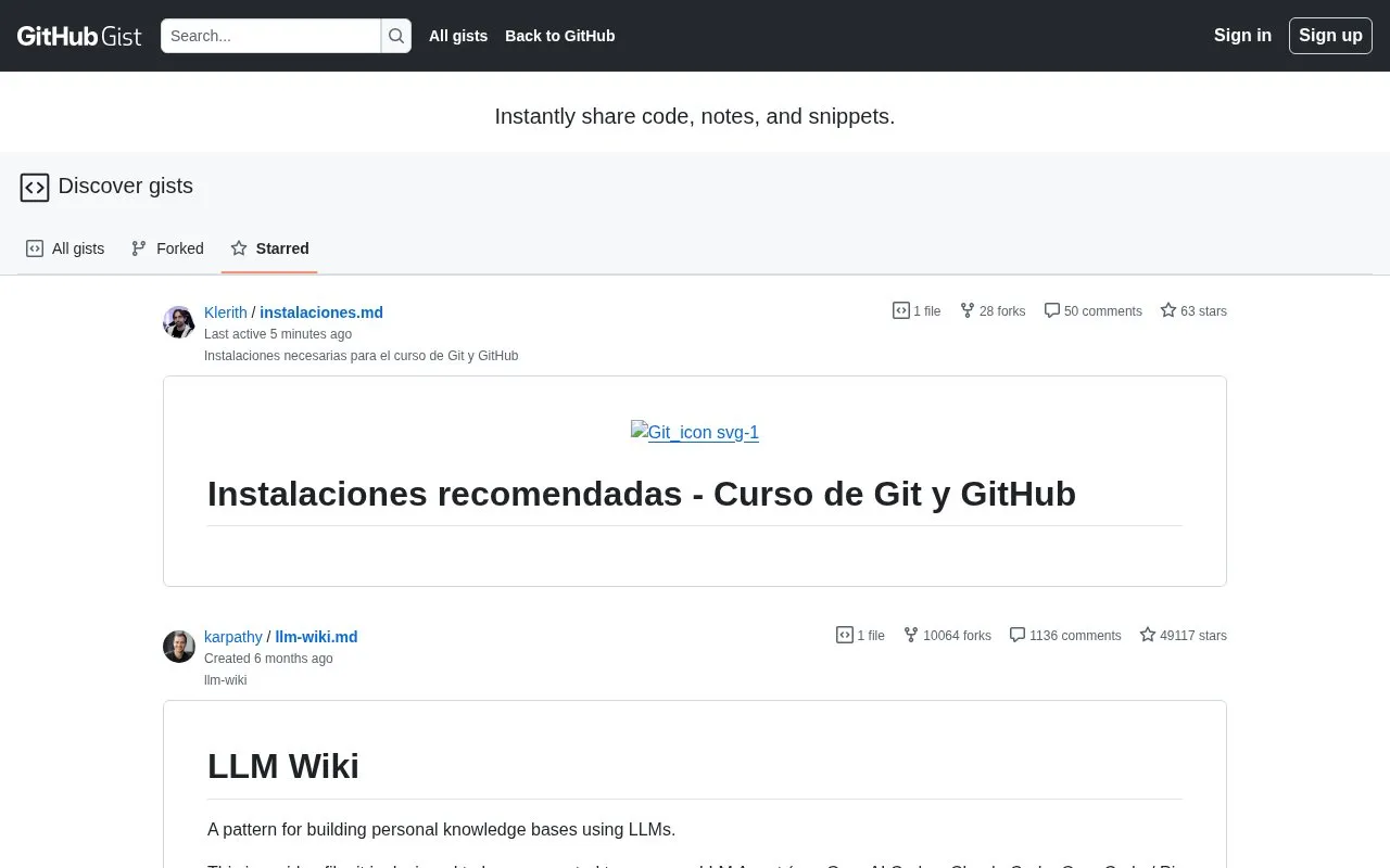 GitHub Gists homepage screenshot