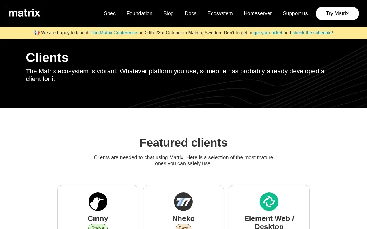Matrix Clients homepage screenshot