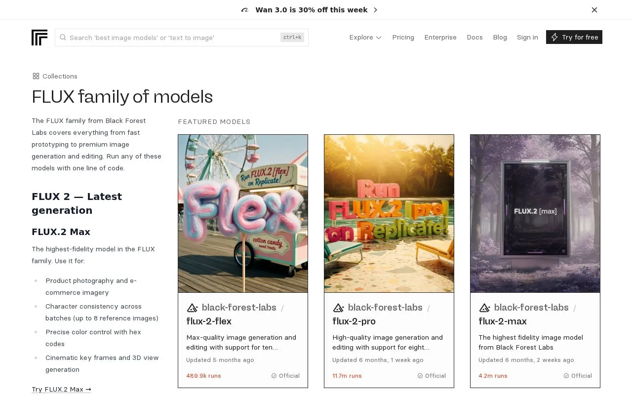 The FLUX.1 family of models – Replicate homepage screenshot