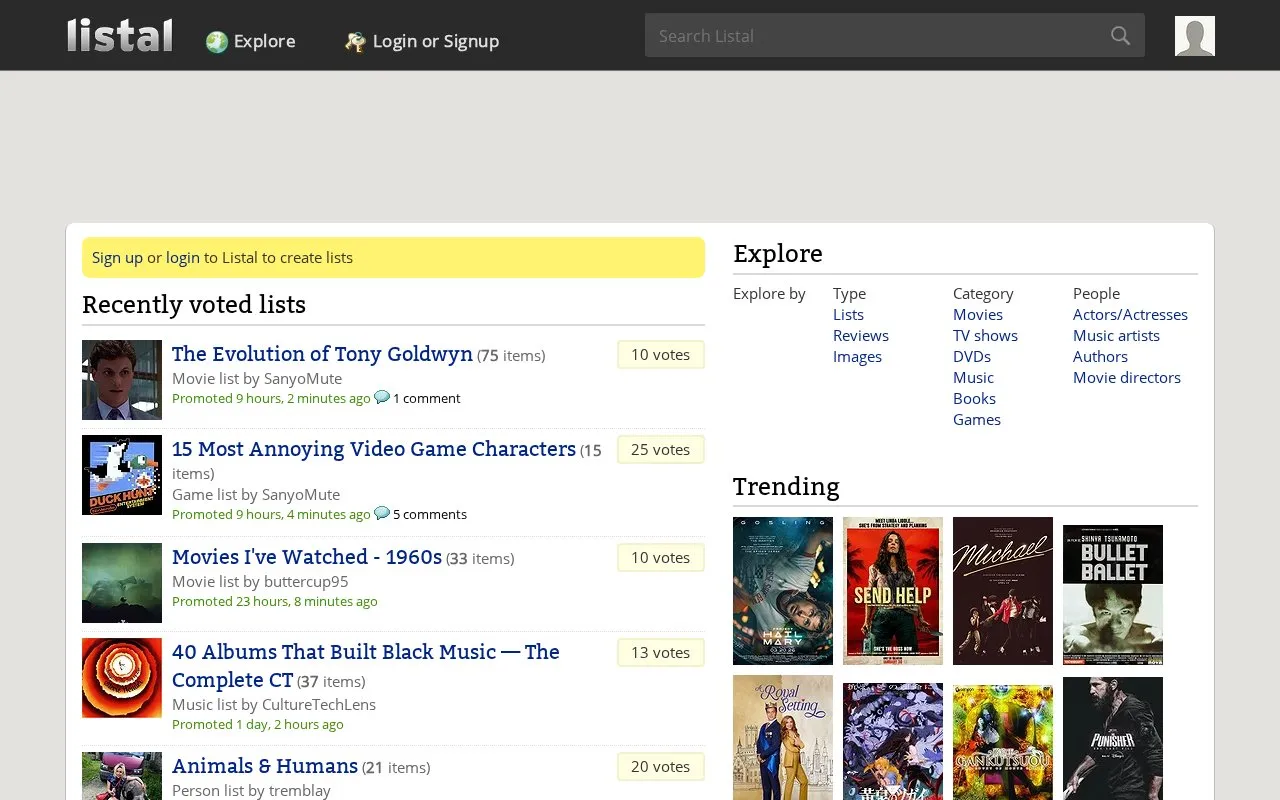 listal homepage screenshot