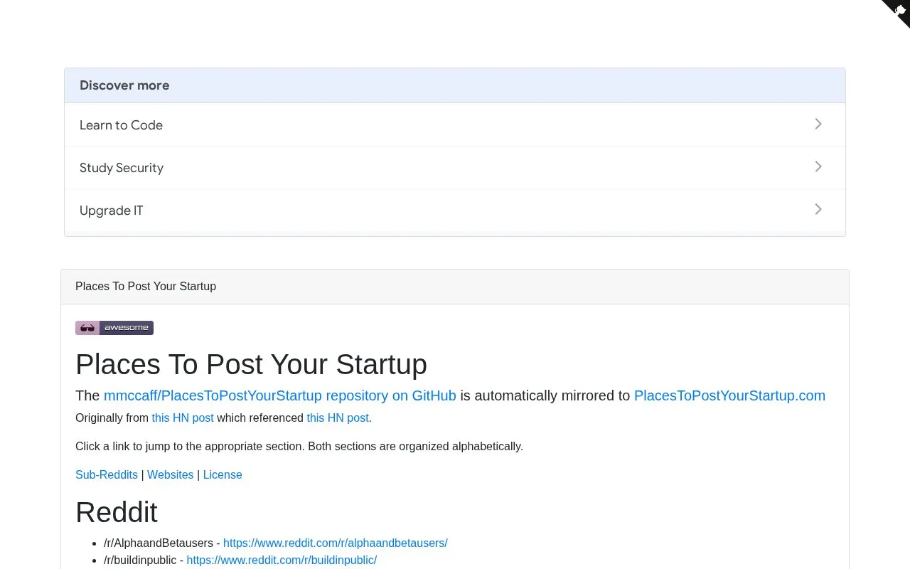PlacesToPostYourStartup homepage screenshot