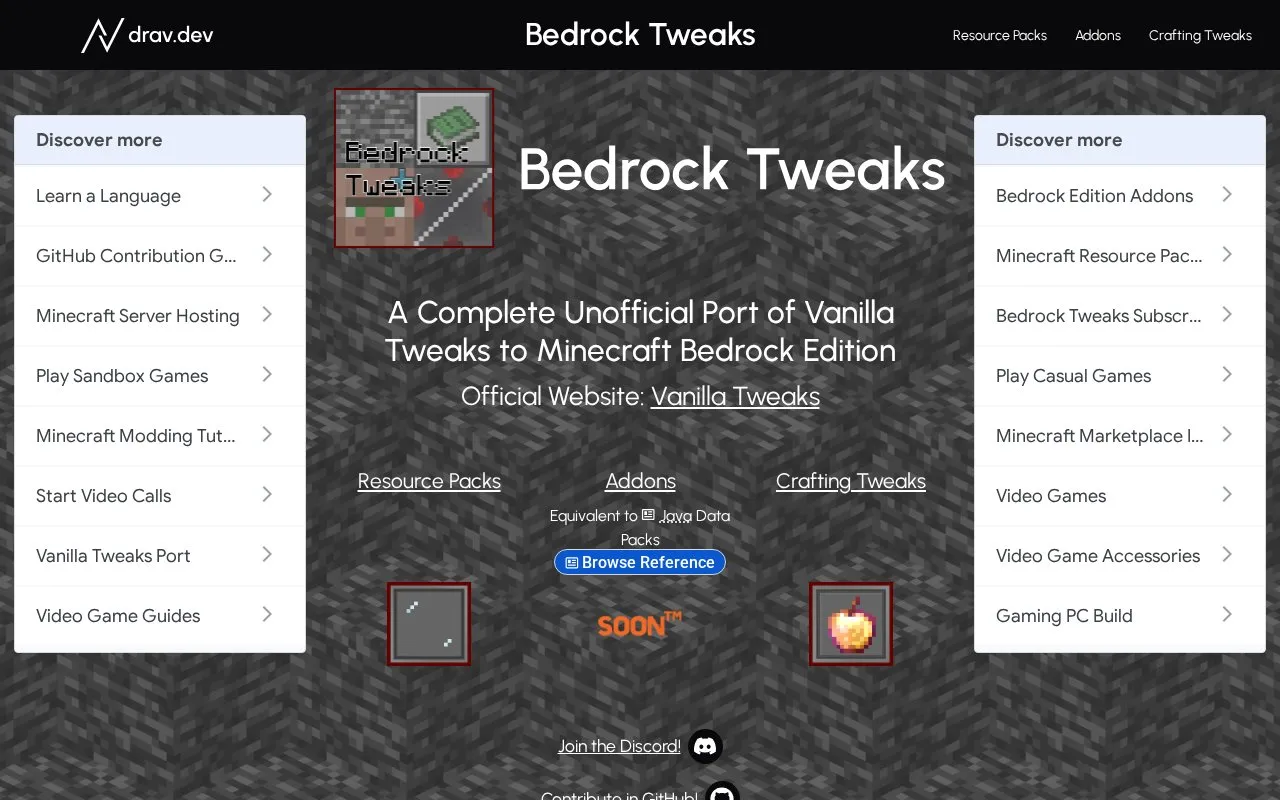 Bedrock Tweaks homepage screenshot