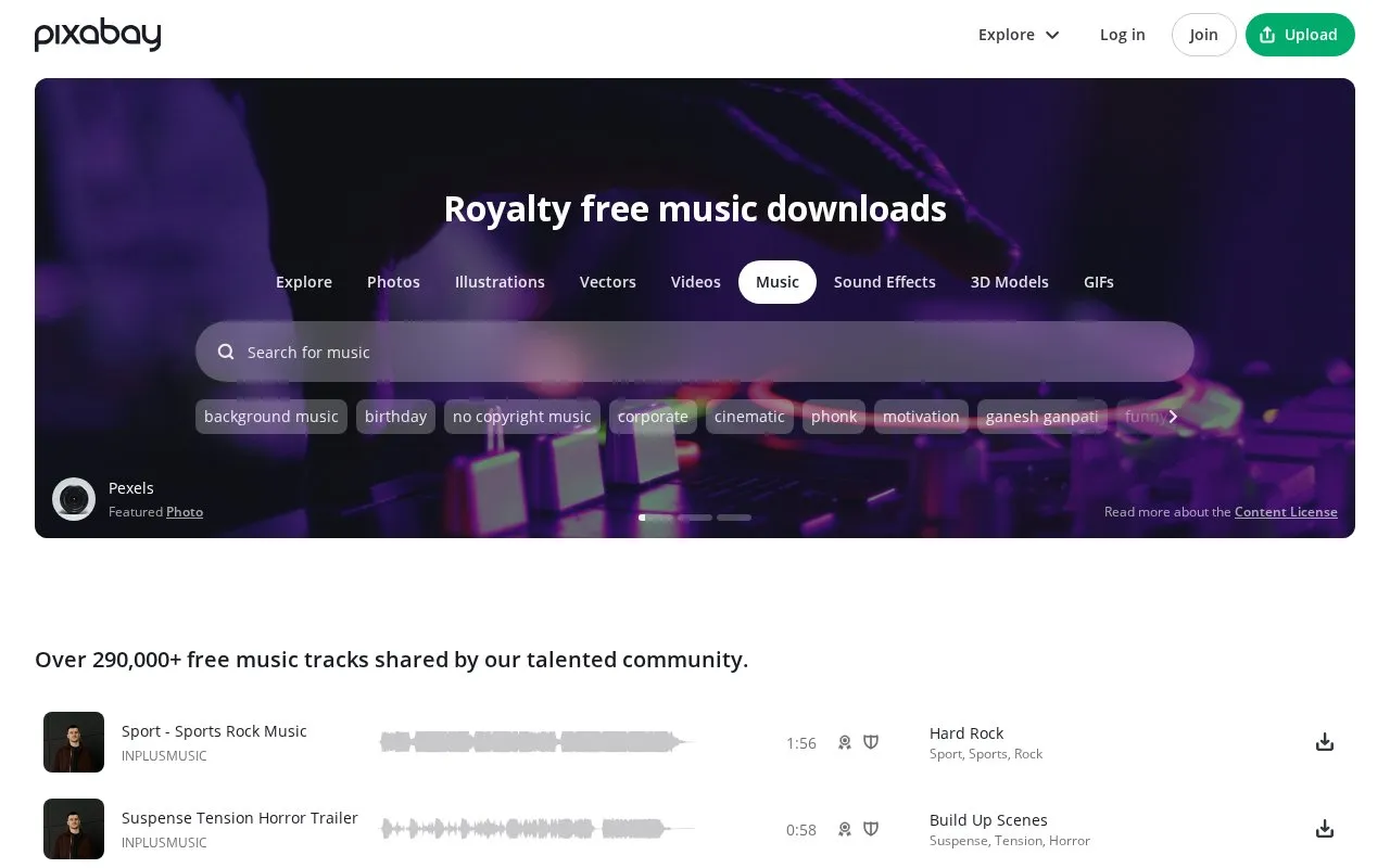 Pixabay Music homepage screenshot