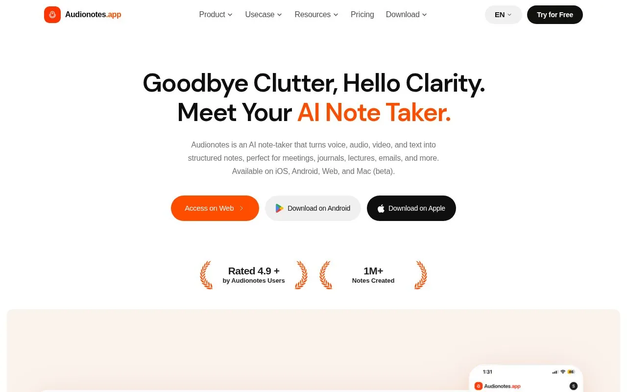Audionotes homepage screenshot