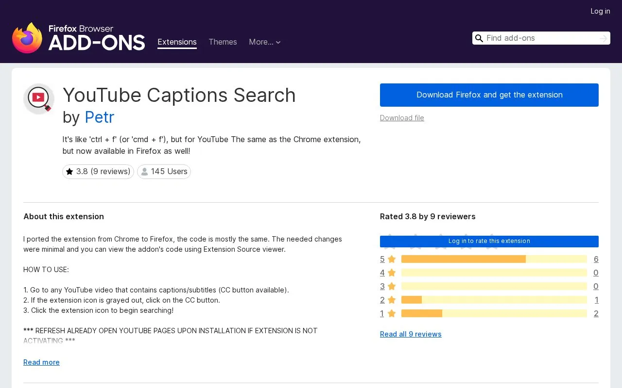 YouTube Captions Search by Petr homepage screenshot