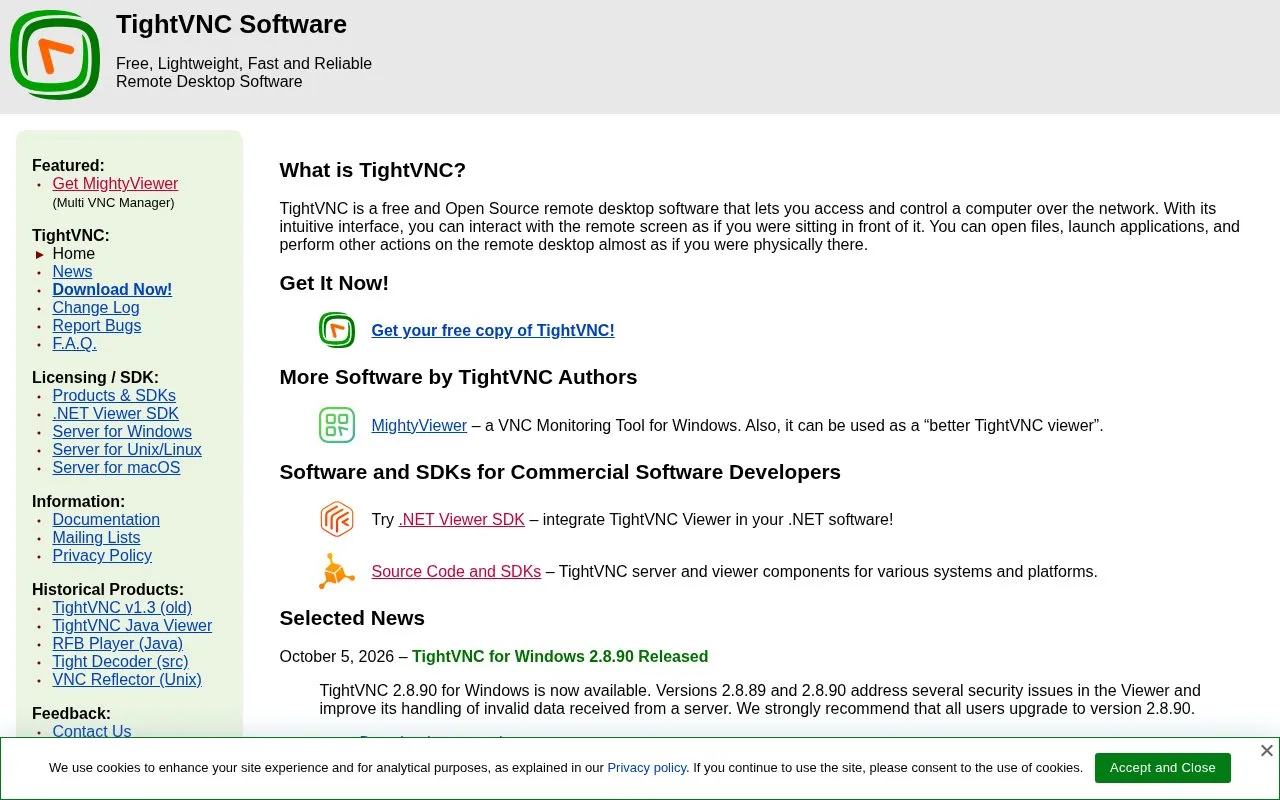 TightVNC homepage screenshot