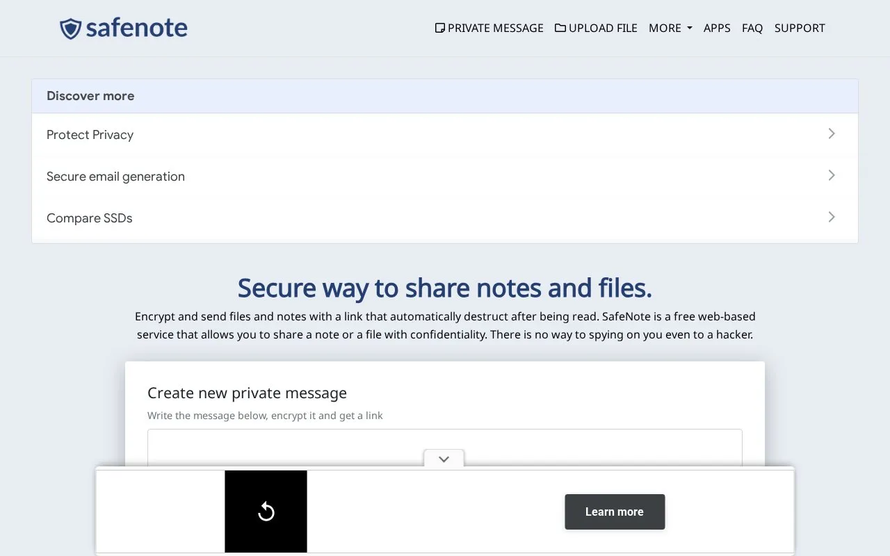Safe Notes homepage screenshot
