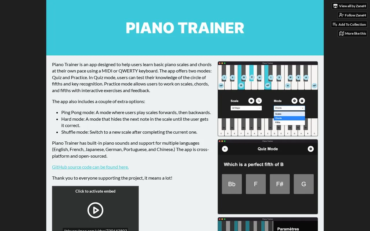 ZaneH Piano Trainer homepage screenshot