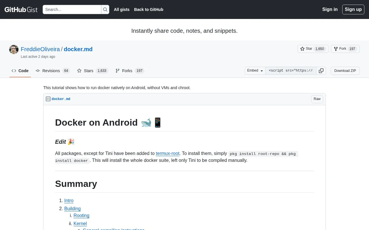 Android Docker homepage screenshot