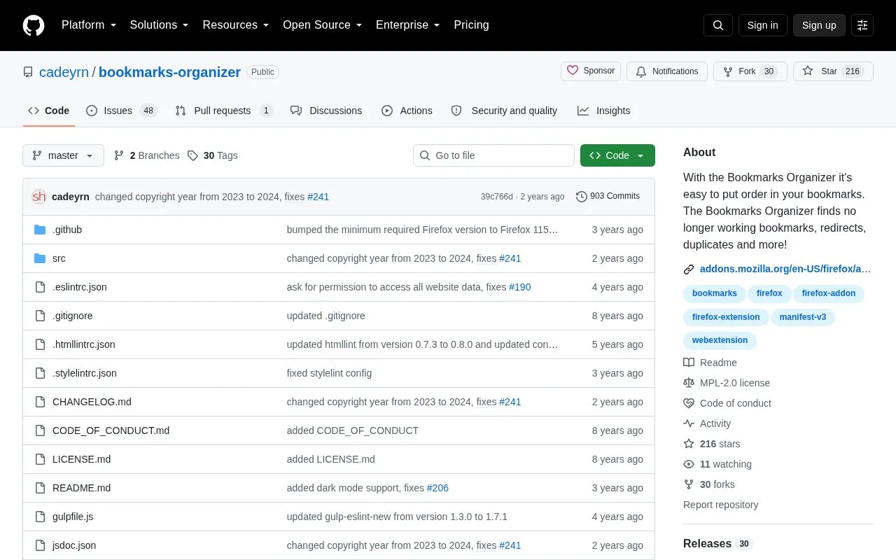 Bookmarks Organizer homepage screenshot