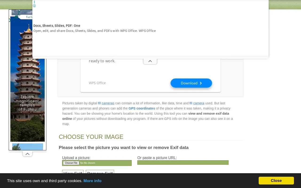 View Exif data online, remove Exif online homepage screenshot
