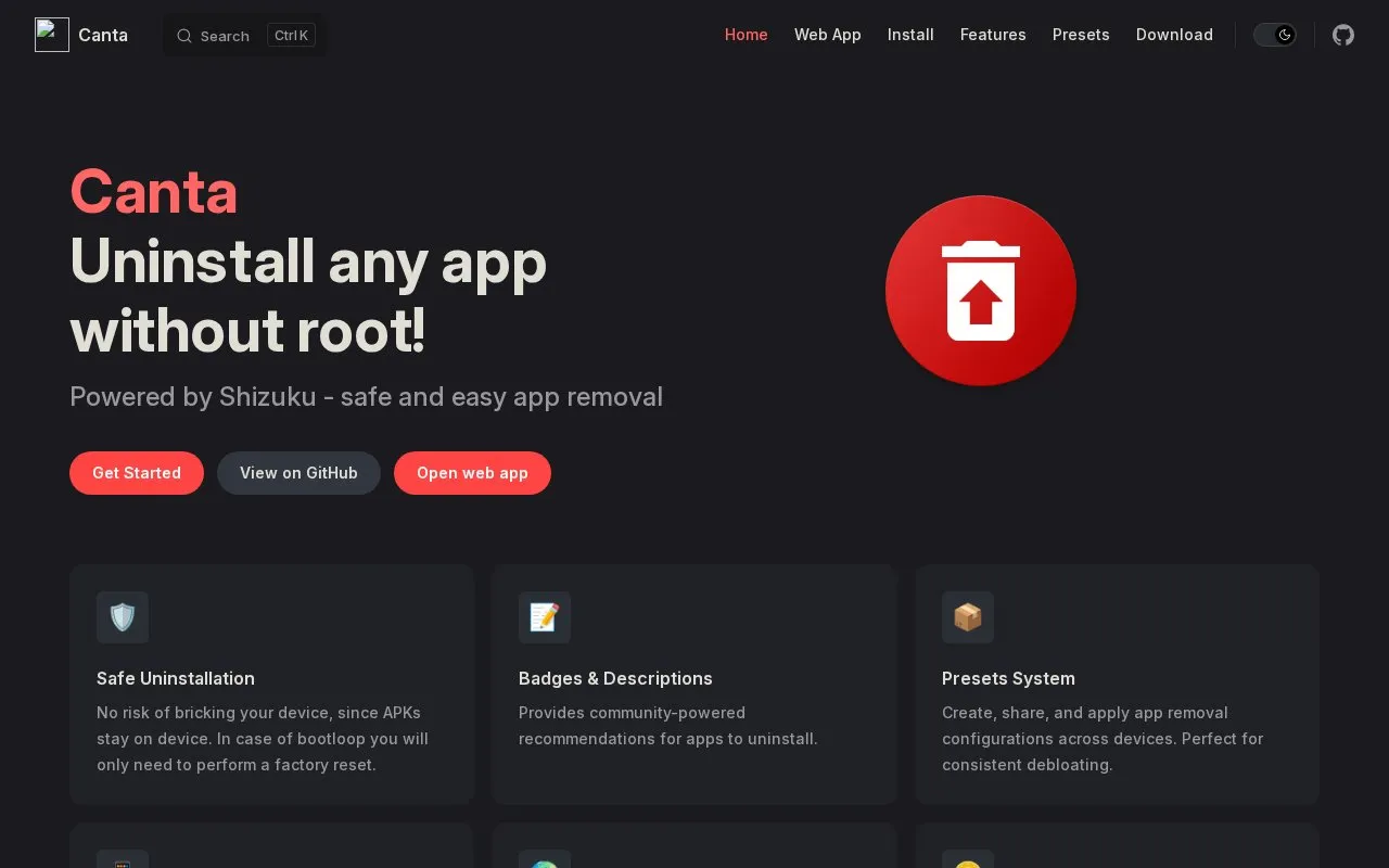 Canta homepage screenshot
