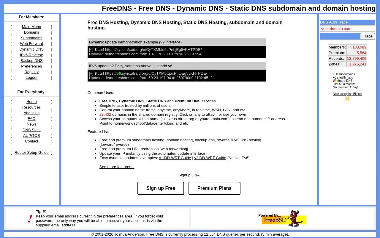 FreeDNS homepage screenshot