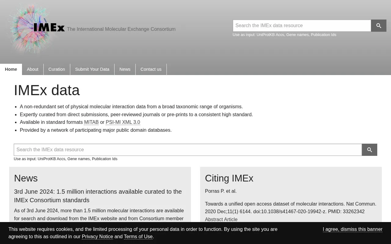 IMEx data homepage screenshot