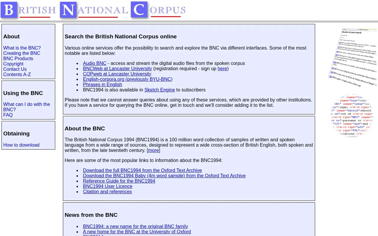 British National Corpus homepage screenshot