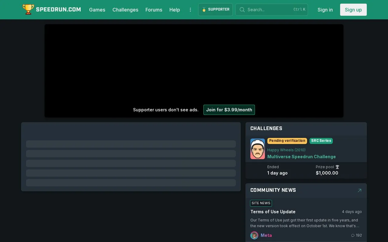 Speedrun homepage screenshot