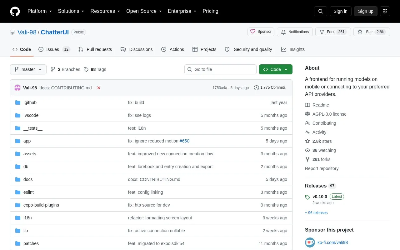 ChatterUI homepage screenshot