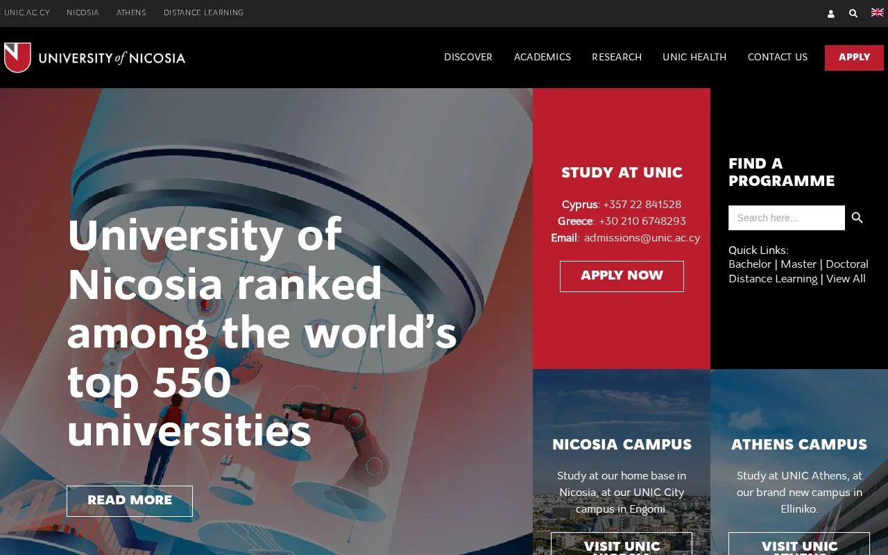 University of Nicosia homepage screenshot