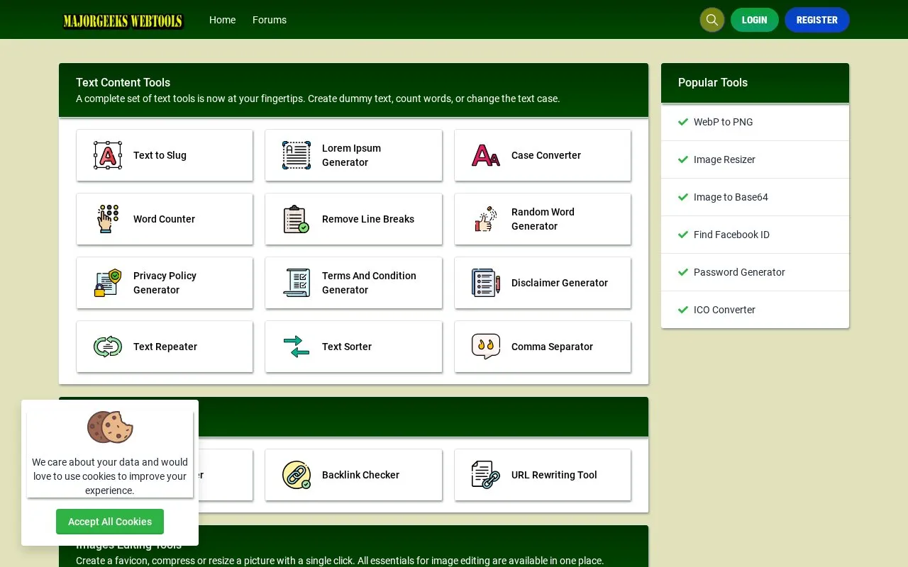 MajorGeeks Tools homepage screenshot
