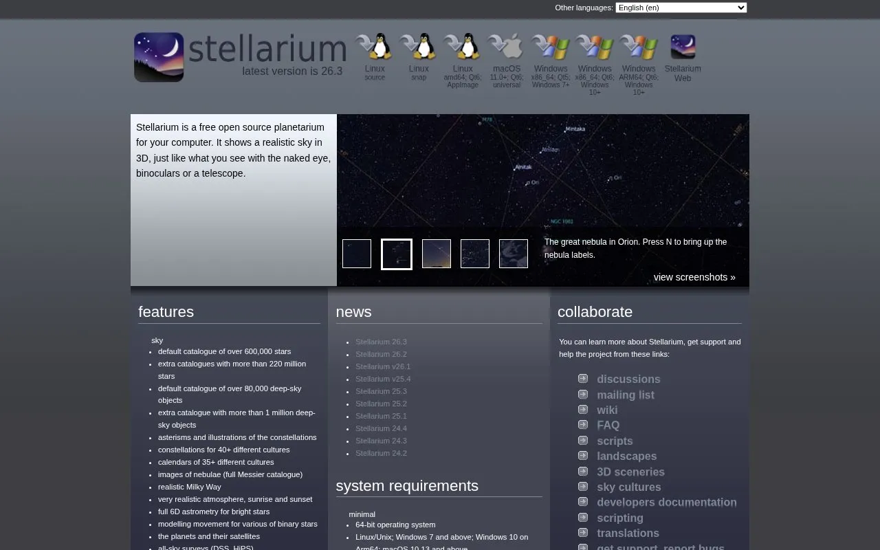 Stellarium homepage screenshot