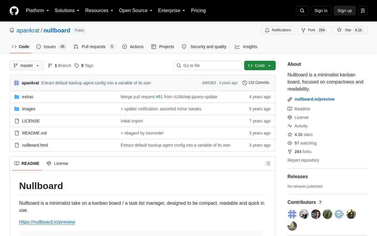 NullBoard homepage screenshot