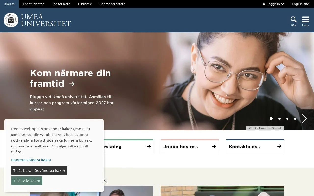 Umea University homepage screenshot