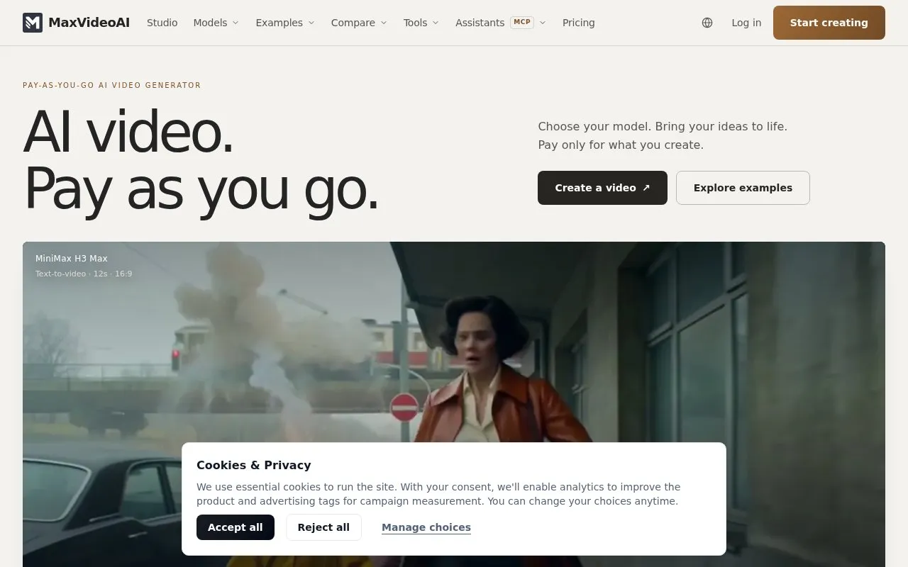 MaxVideoAI homepage screenshot