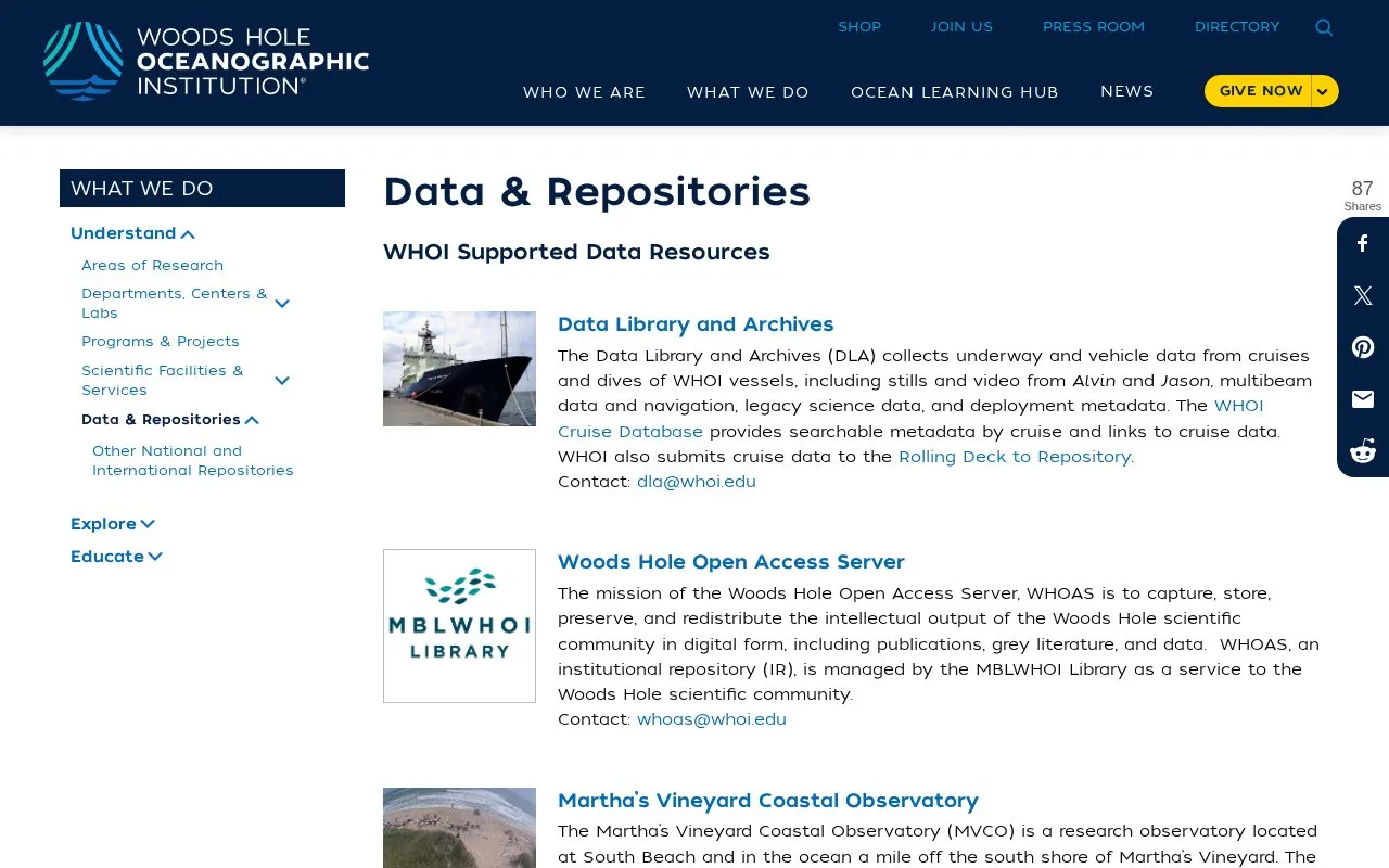 Woods Hole Oceanographic Institution homepage screenshot