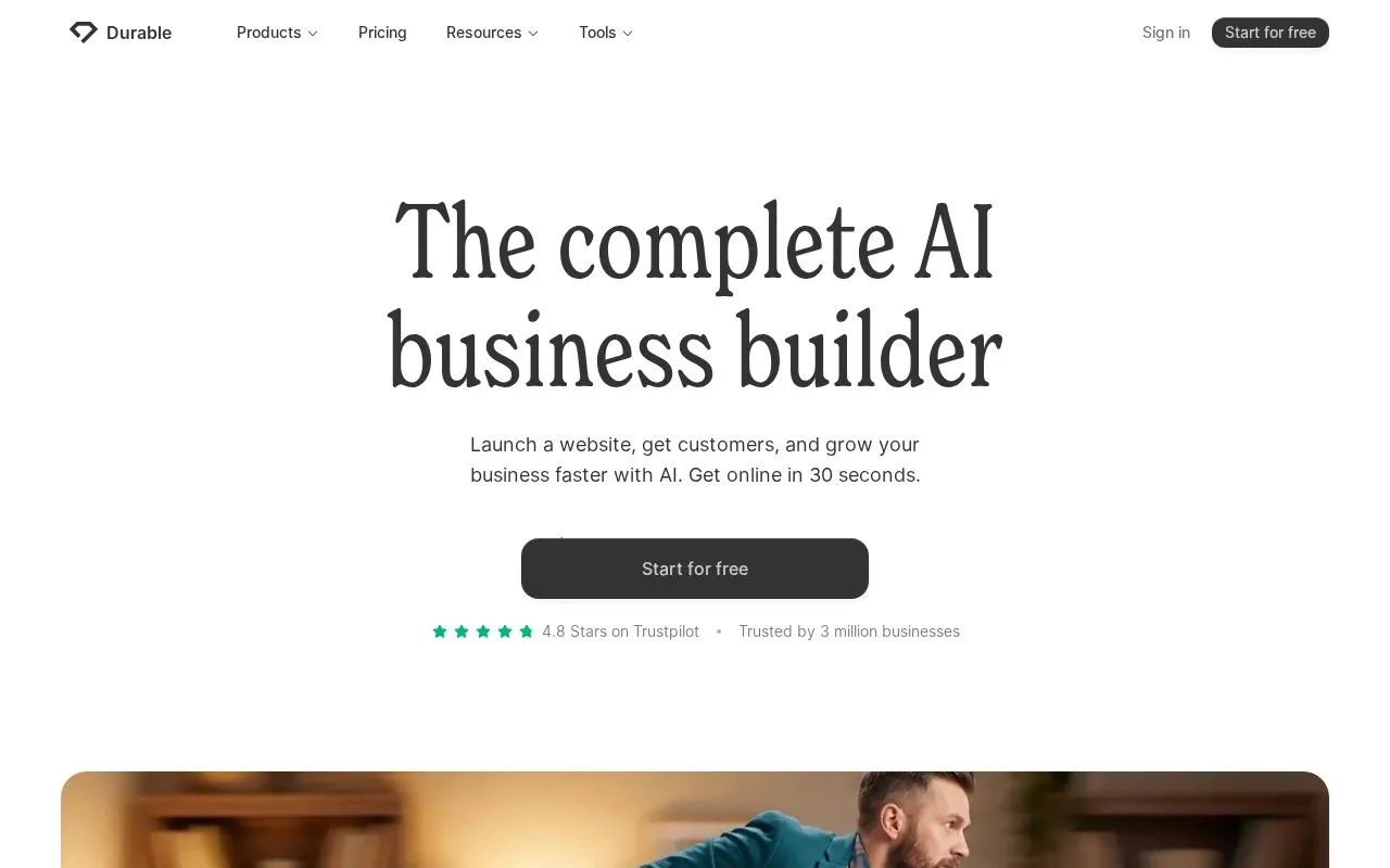 Durable homepage screenshot