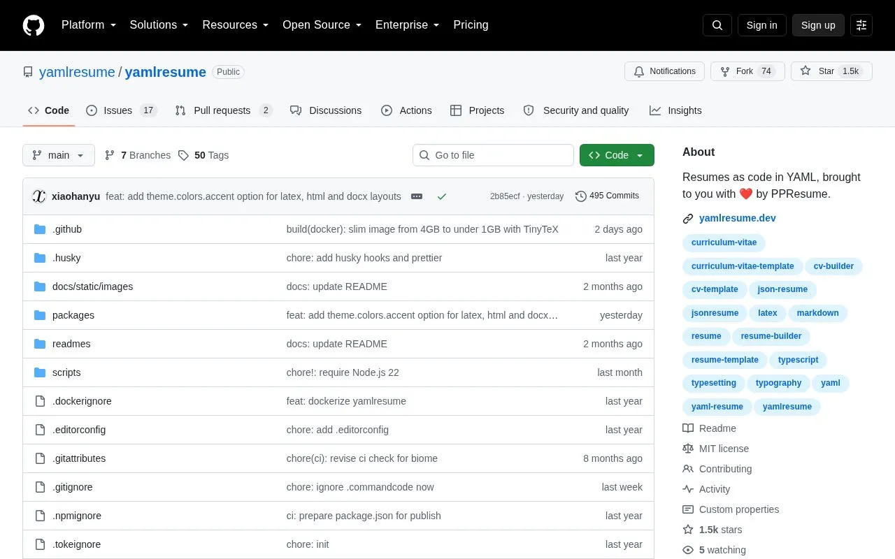 Yamlresume homepage screenshot