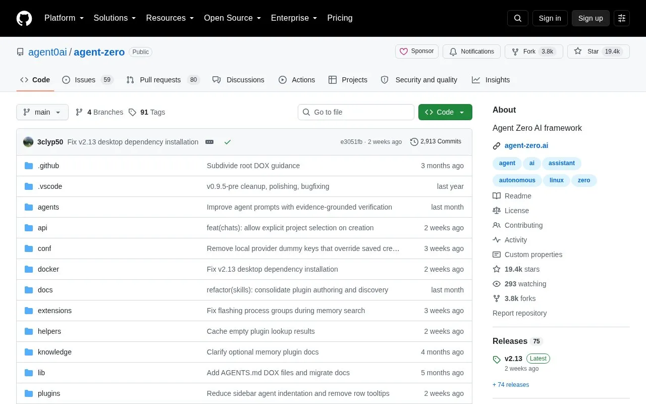 Agent Zero homepage screenshot