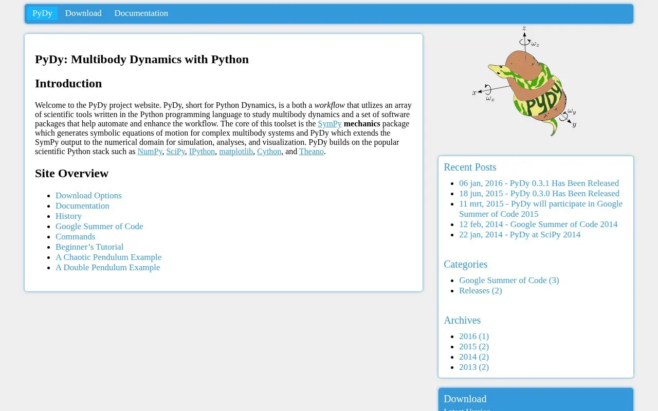PyDy homepage screenshot